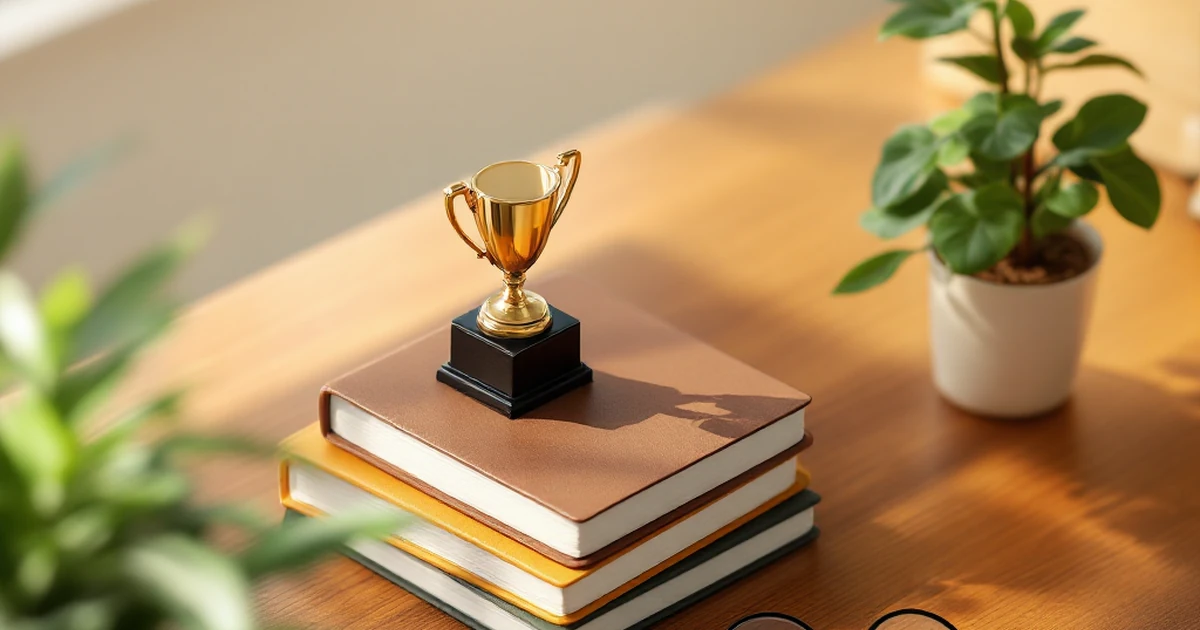 Isometric desk setup with trophy and notebooks