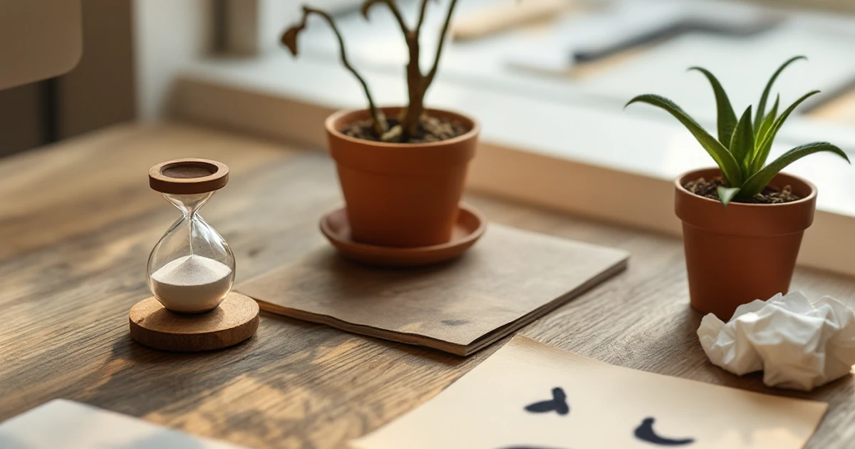 A product shot of an hourglass, wilted plant, and sad face drawing on a desk, showing a slow website.