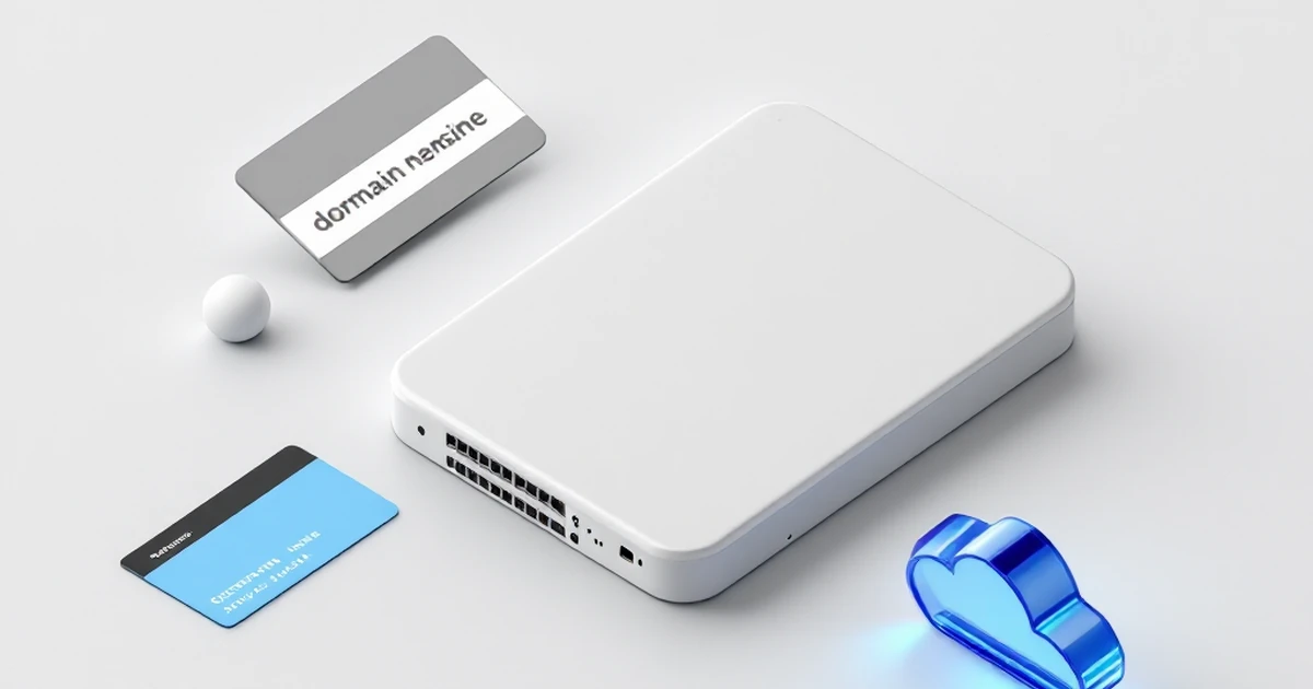 An isometric view of a domain tag, credit card, hard drive, and blue glass cloud on a gray surface.