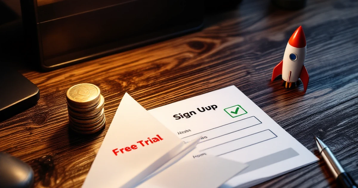 A workspace with a paper plane, coins, checkmark, and rocket ship on a wooden desk, representing hosting sign-up.
