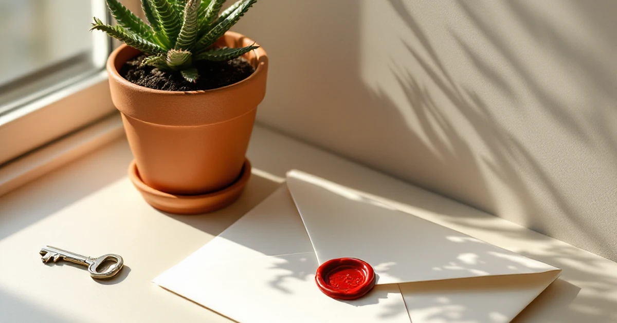 A clean desk with a succulent, an envelope, and a key, symbolizing a simple, affordable hosting choice.