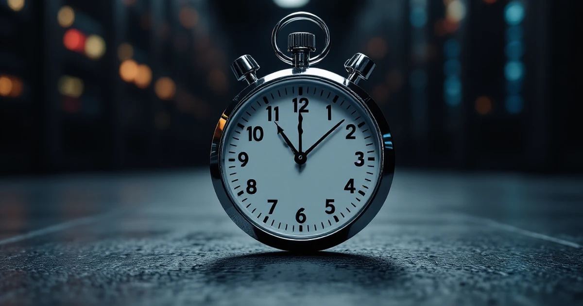 A stopwatch on slate with blurred server lights in the background, representing speed and performance.