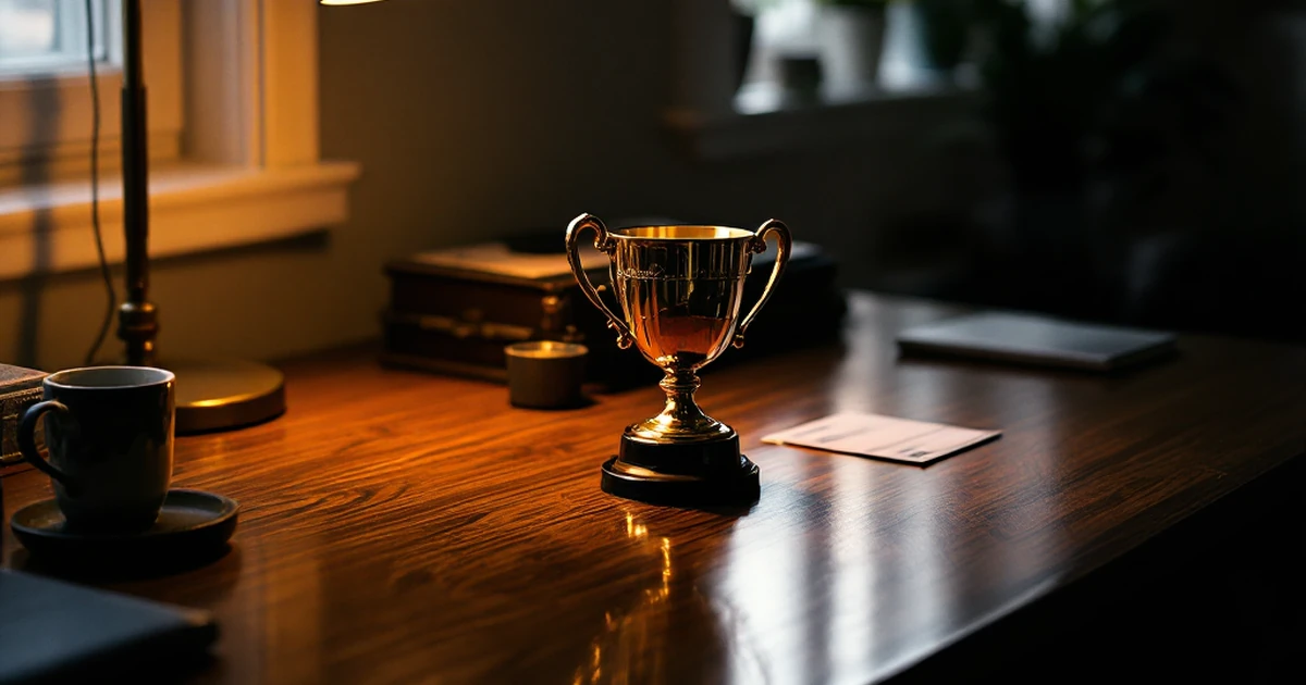 A brass trophy and a check on a desk, symbolizing the winning choice and value in hosting.