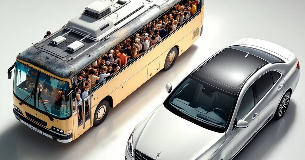 Product shot comparing a crowded bus to a private car, representing shared and managed hosting