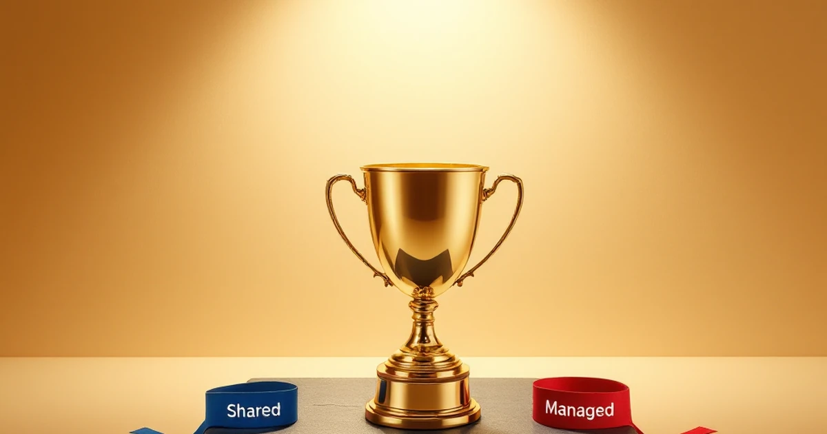 Trophy cup with shared and managed hosting ribbons for final verdict