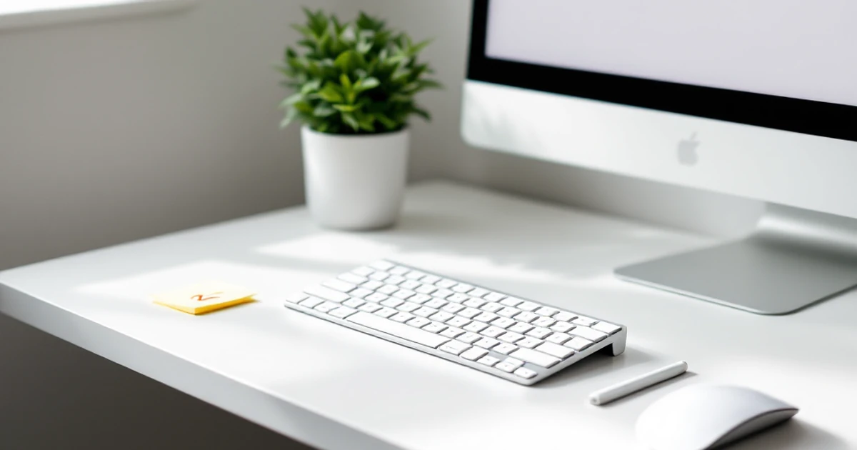 A clean desk with a keyboard, mouse, and a sticky note with a checkmark.
