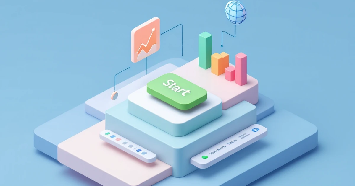 An isometric illustration of a website dashboard with a green start button and globe icon.