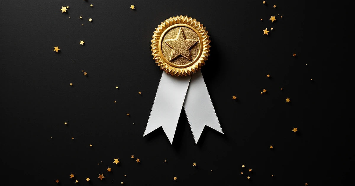 Abstract arrangement of award items like star and trophy for hosting verdict