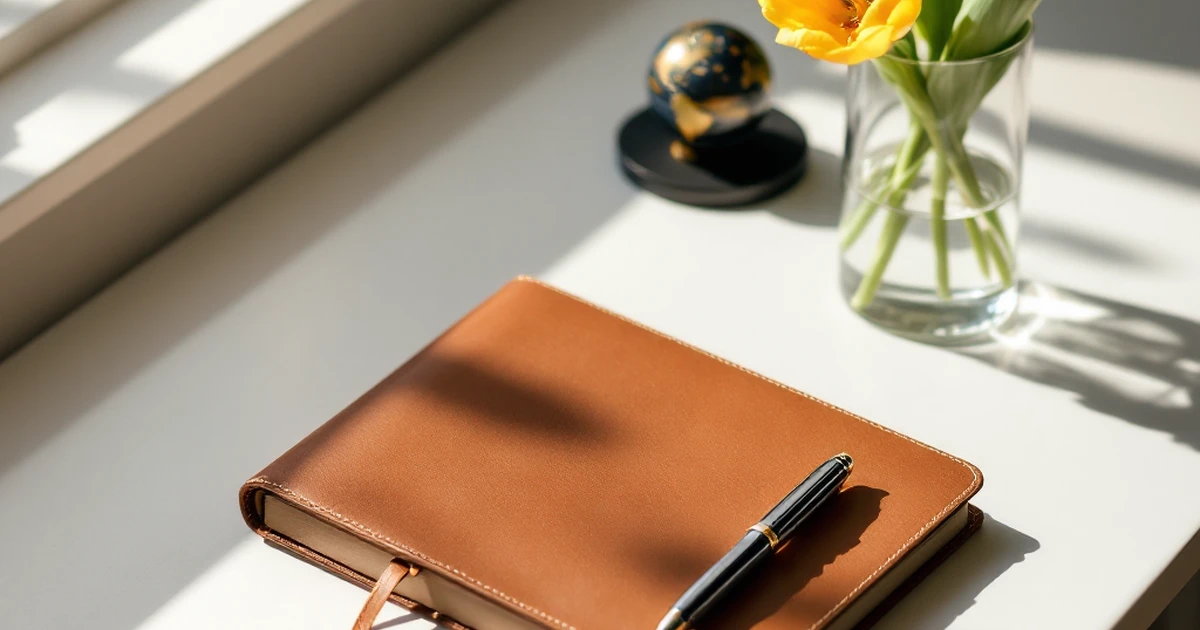 Workspace with journal, pen, globe, and tulip for Astra buyer recommendations